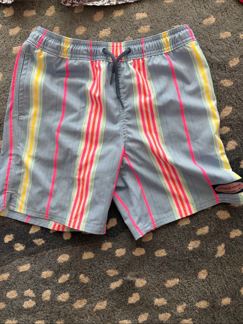 Men's Striped Swim Shorts in Light Blue with Neon Accents